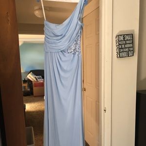 David Bridal One-Shoulder Mesh Dress w/ Lace Inset